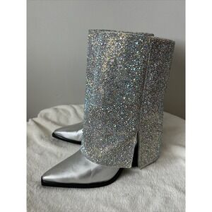 AZALEA WANG Annabelle Silver Rhinestone Western Boots Size 7.5 Rodeo Cowgirl